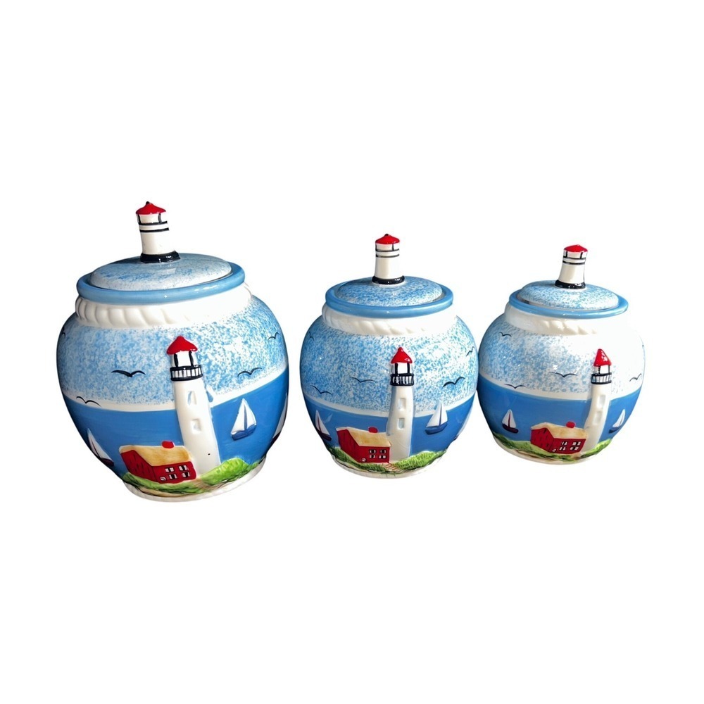 Casa Vero By ACK Hand Painted Ceramic‎ Lighthouse Canisters Set 3 PCS